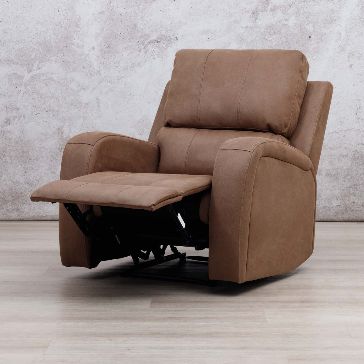 Leather Gallery Orlando 1 Seater Fabric Recliner in Desert Sand, shown in a reclined position with the footrest extended.