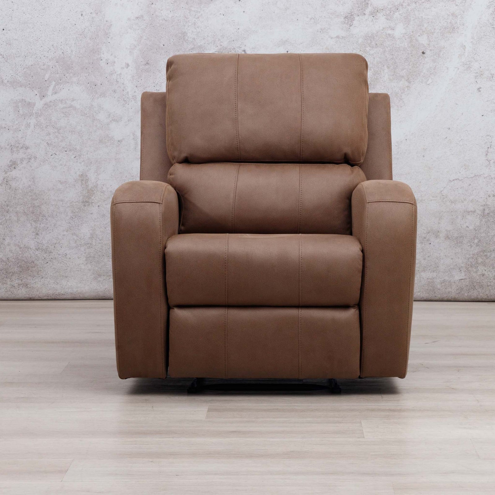 Leather Gallery Orlando 1 Seater Fabric Recliner in Desert Sand, featuring a high backrest and wide padded armrests.