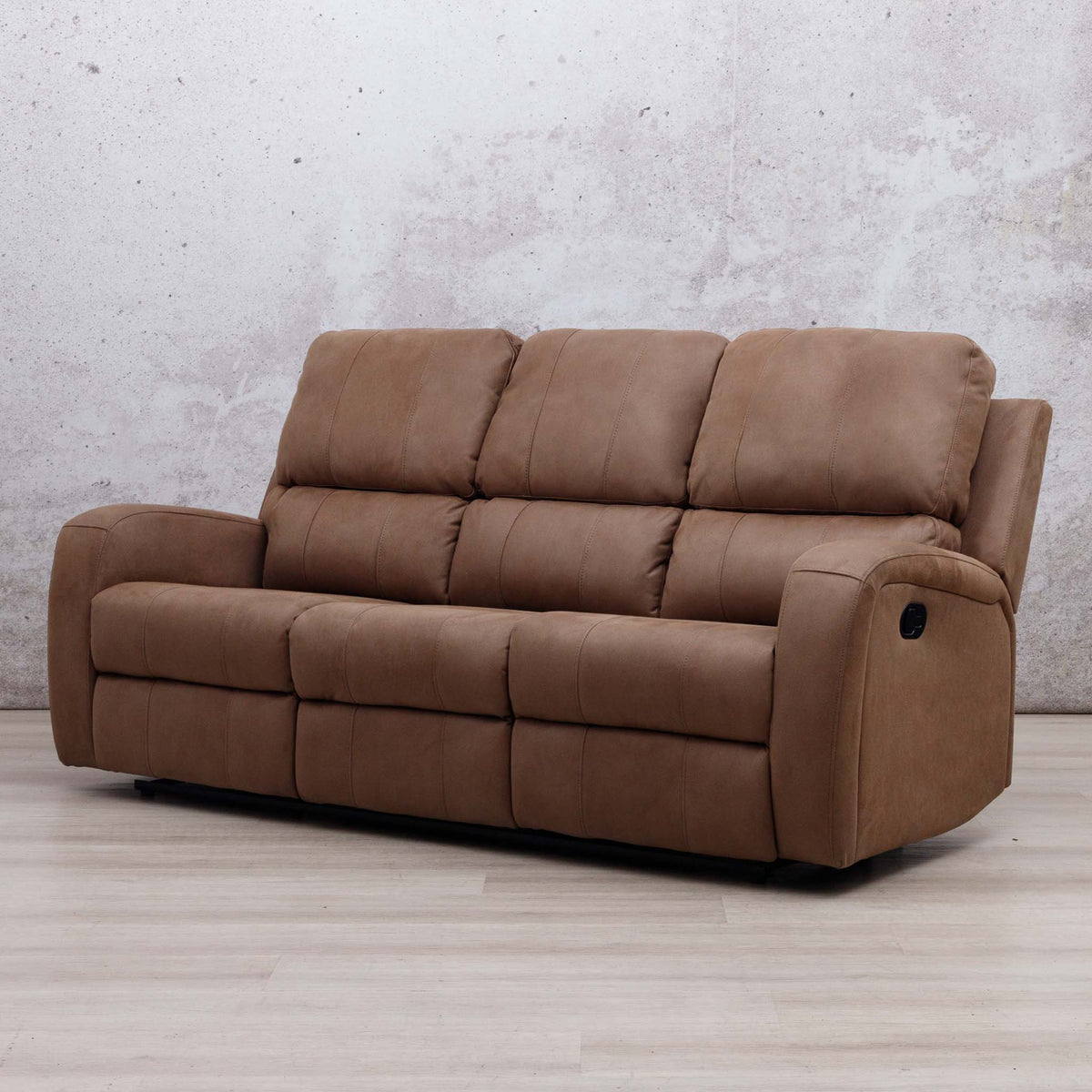 Leather Gallery Orlando 3 Seater Fabric Recliner in Desert Sand, featuring three reclining seats and textured fabric upholstery.