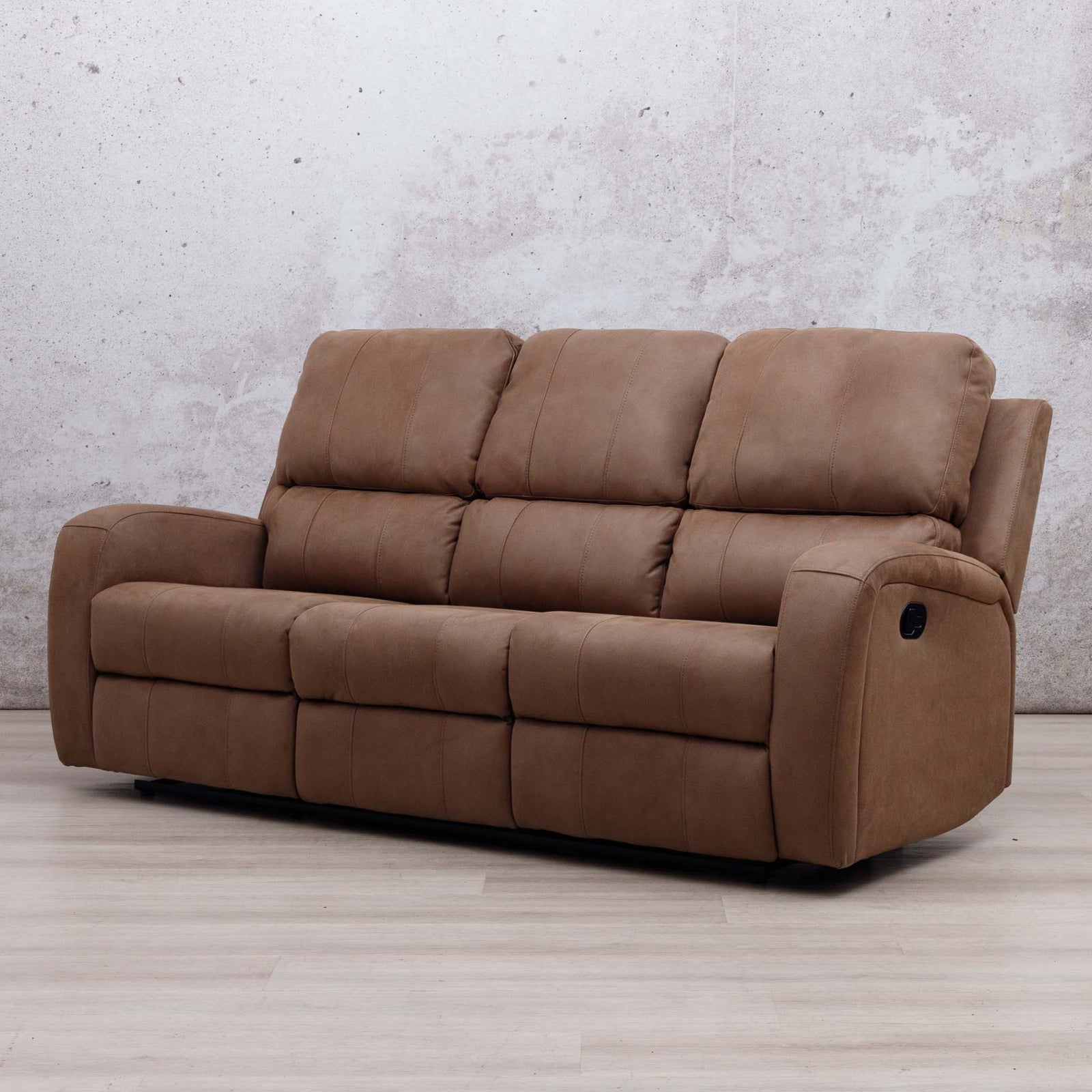 Leather Gallery Orlando 3 Seater Fabric Recliner in Desert Sand, featuring three reclining seats and textured fabric upholstery.