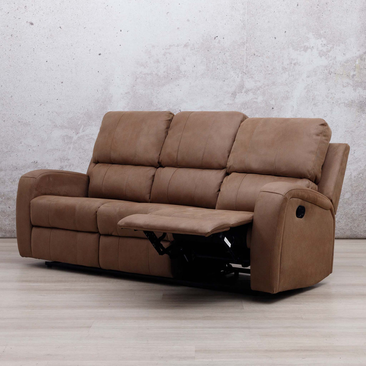 Leather Gallery Orlando 3 Seater Fabric Recliner in Desert Sand, shown with the centre seat extended.