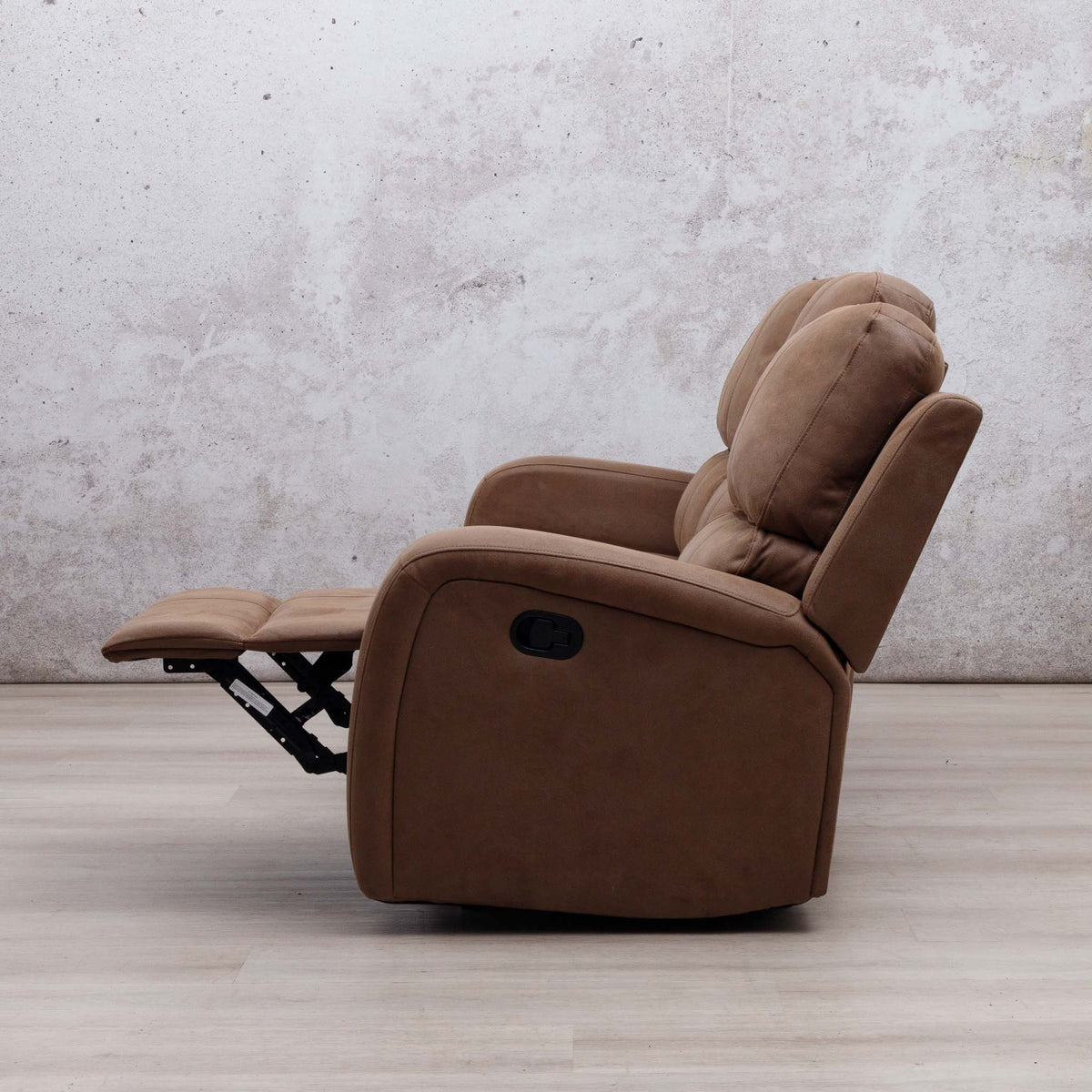 Side view of the Leather Gallery Orlando 3 Seater Fabric Recliner in Desert Sand, shown with the footrest extended.