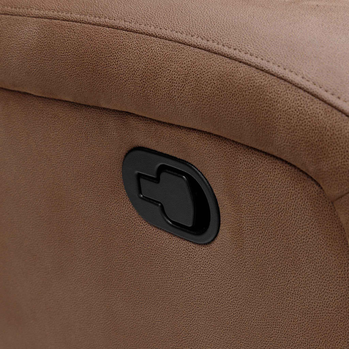 Close-up of the Leather Gallery Orlando 3 Seater Fabric Recliner in Desert Sand, showing the textured upholstery and black oval recliner control.