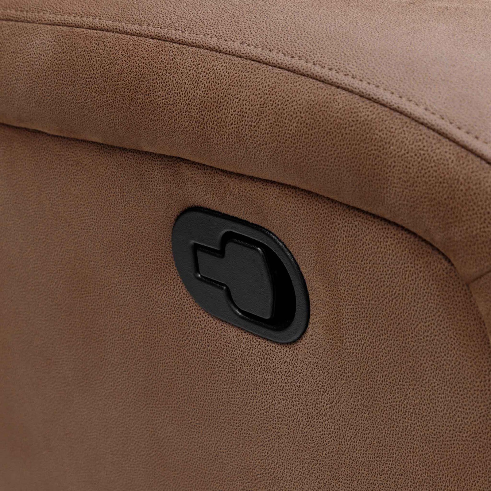 Close-up of the Leather Gallery Orlando 3 Seater Fabric Recliner in Desert Sand, showing the textured upholstery and black oval recliner control.