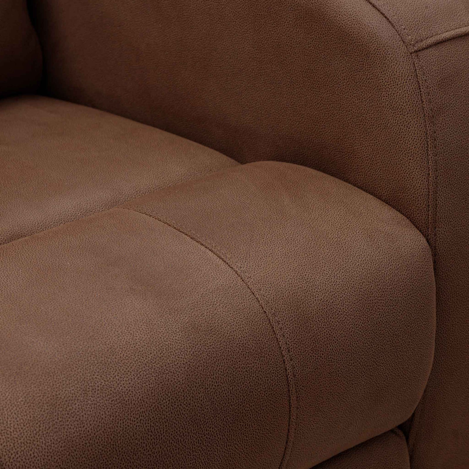 Close-up of the Leather Gallery Orlando 3 Seater Fabric Recliner in Desert Sand, showing the armrest, seat cushion, textured upholstery, and visible stitching.