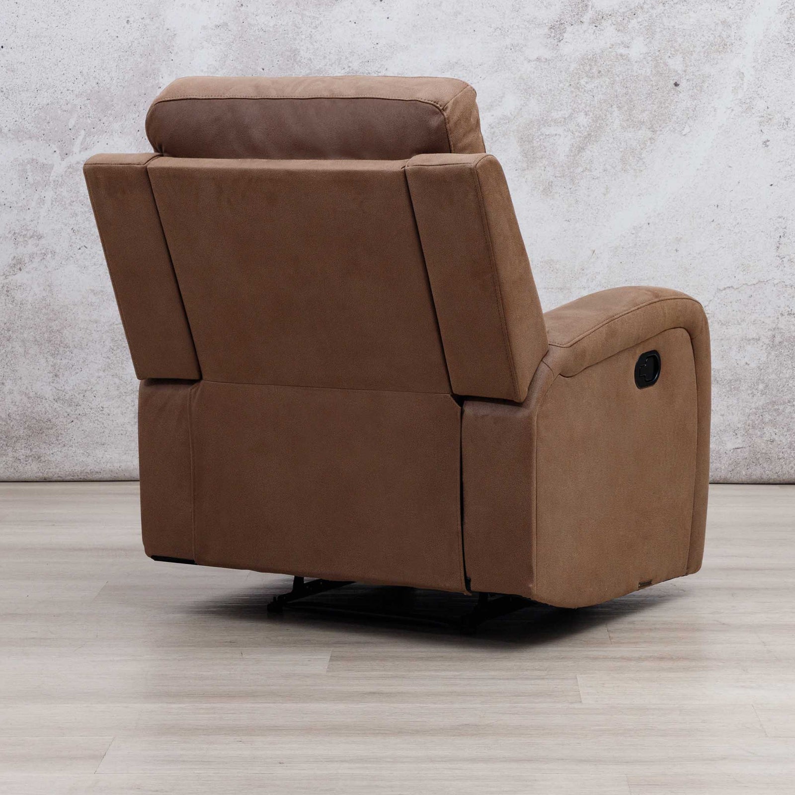 Rear view of the Leather Gallery Orlando 1 Seater Fabric Recliner in Desert Sand, showing its upholstered back design.