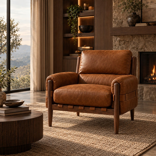 Stattera Orsello Leather Armchair in Deep Russet, featuring warm leather upholstery, a dark wood frame, and leather strap detailing.