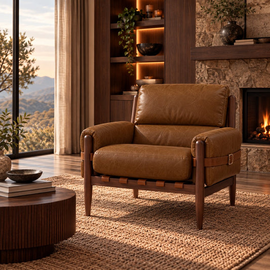 Stattera Orsello Leather Armchair in Deep Russet, featuring warm leather upholstery, a dark wood frame, and leather strap detailing.
