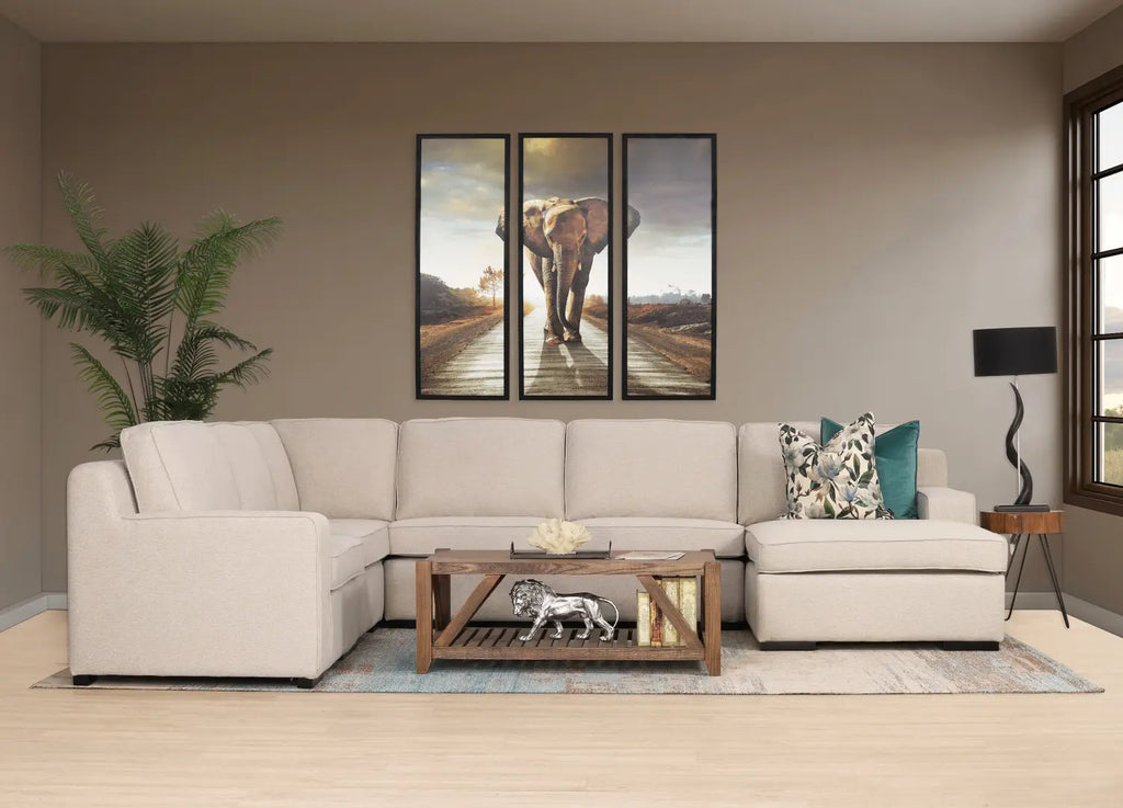 Enhance your living room with the Rome Fabric Modular U-Sofa Chaise Sectional, designed with plush polyester fabric upholstery, cosy high density foam seat cushions, and supportive webbing for seat shape retention.