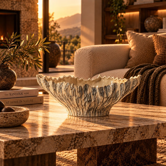 Stattera Raya Ceramic Bowl, featuring a pale handmade ceramic body with rounded earthy-toned nodes and a low, sculptural form.