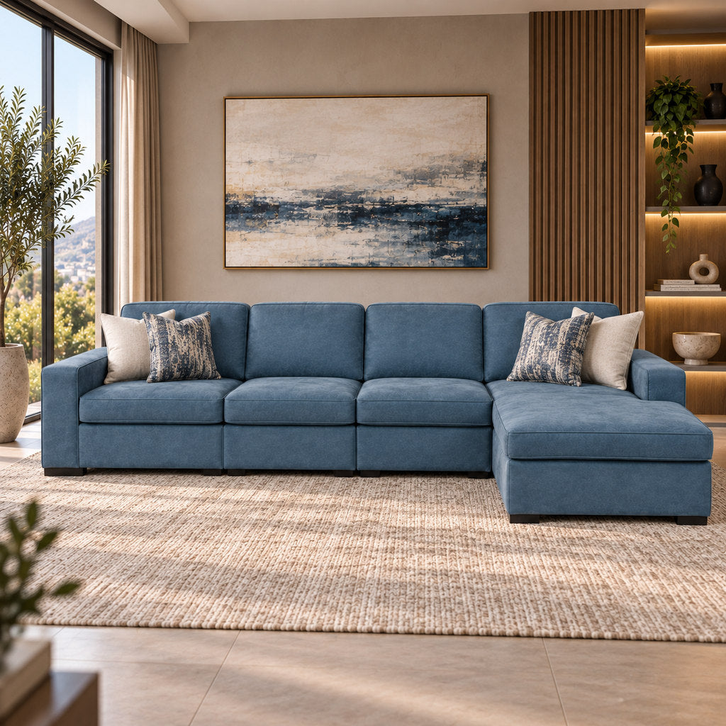 Rome Leather Sofa Chaise Modular Sectional - RHF Leather Sectional Leather Gallery Flux Blue