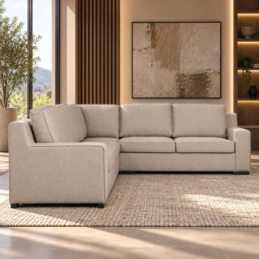 Leather Gallery Rome 5 Seater Fabric L Shape Couch - LHF in Kenya Sand, featuring a left-facing chaise in a modern living room.