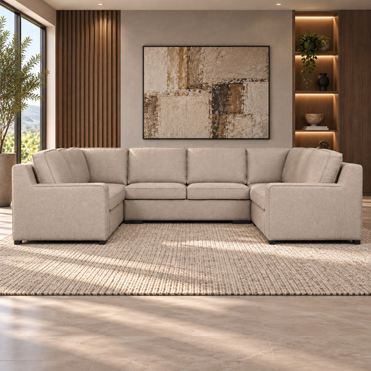 Leather Gallery Rome 6 Seater Fabric U Shape Couch in Kenya Sand, featuring dual chaise seating in a modern living room.