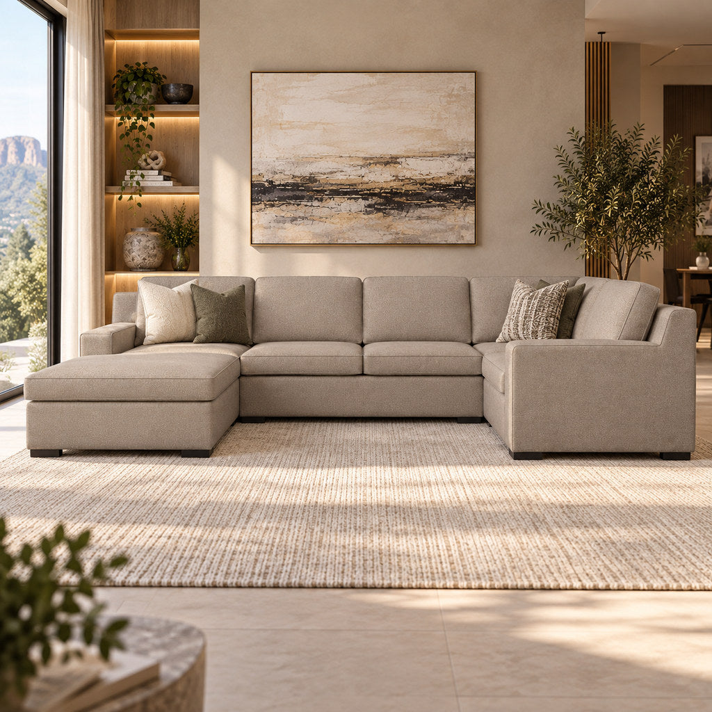 Rome Fabric U-Sofa Chaise Sectional- LHF Fabric Corner Suite Leather Gallery Kenya Sand