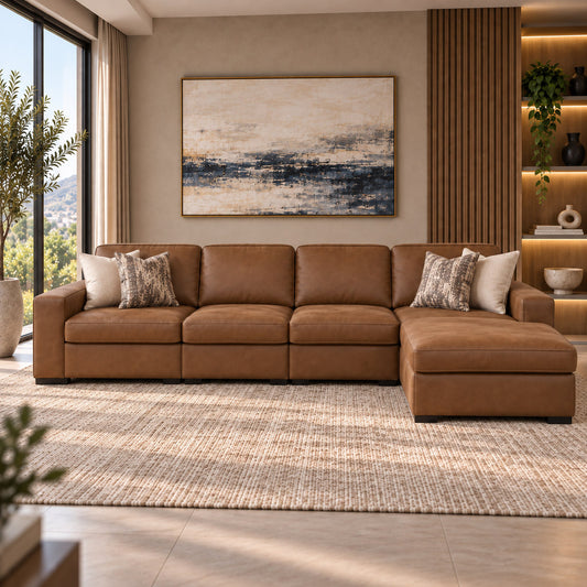 Rome Leather Sofa Chaise Modular Sectional - RHF Leather Sectional Leather Gallery Czar Pecan
