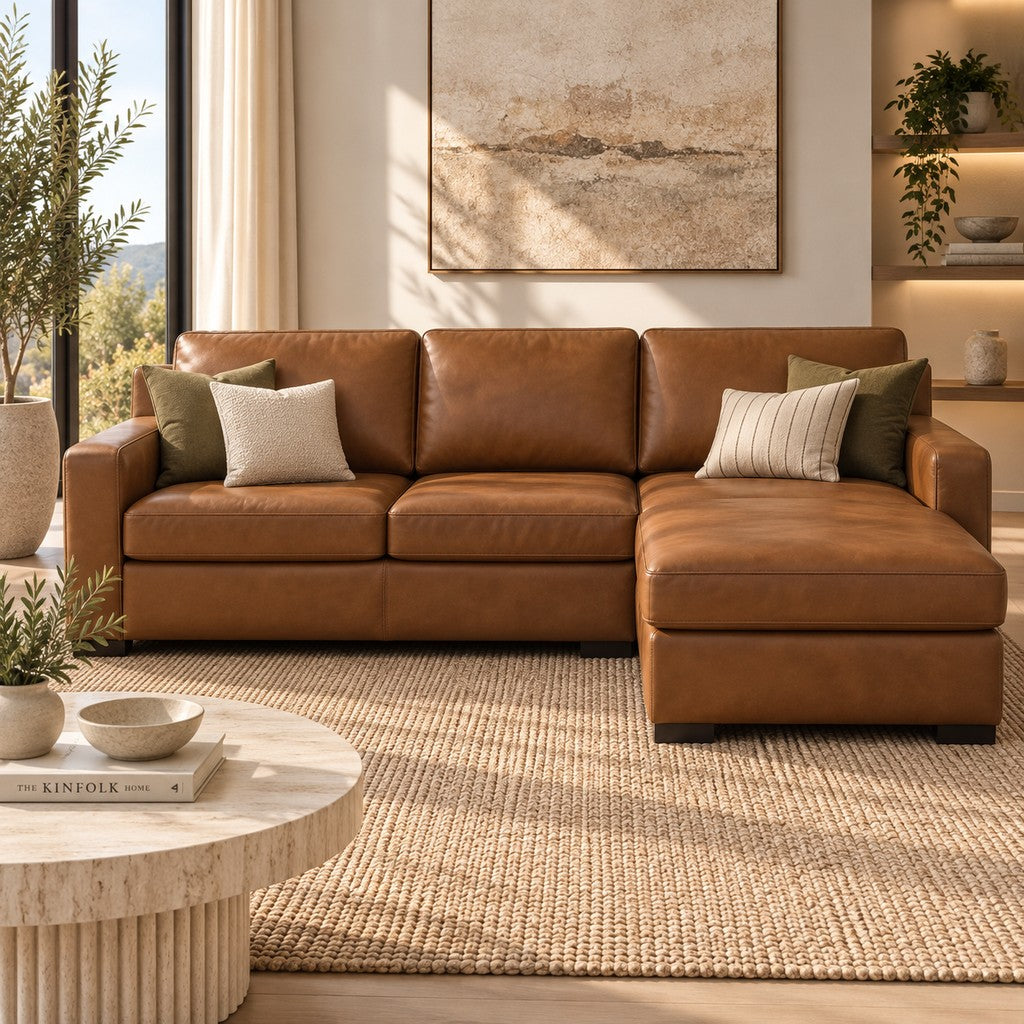 Rome Leather Sofa Chaise Sectional - RHF Leather Sectional Leather Gallery Czar Pecan