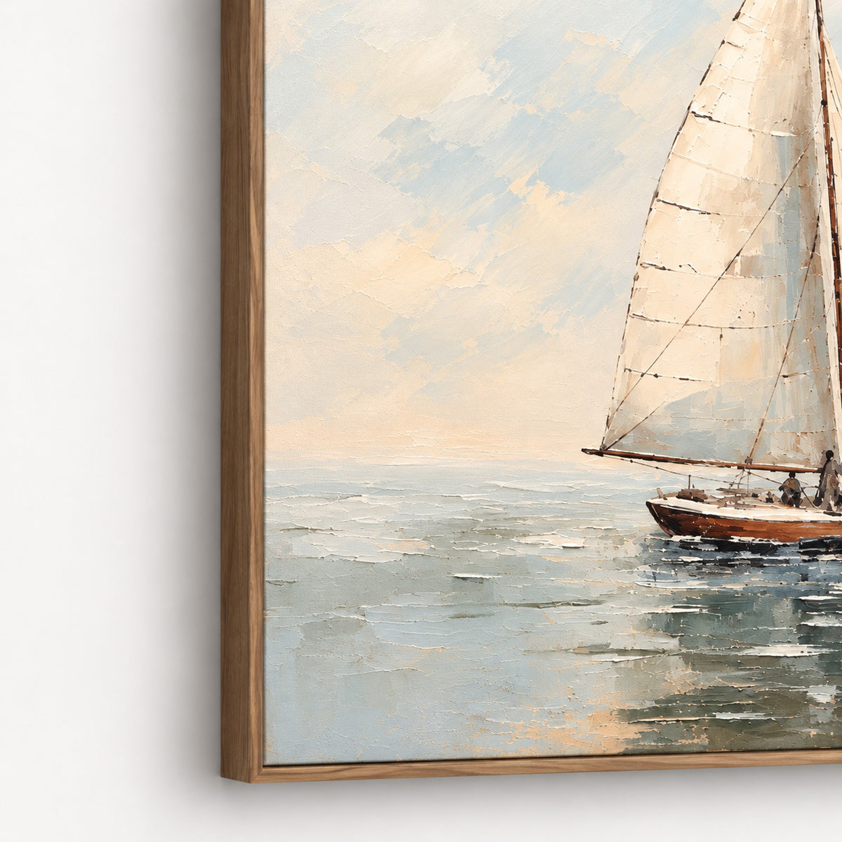 Sea Of Memories - Kia Canvas Artwork by Leather Gallery featuring a white sailboat on calm blue waters with soft neutral skies and a Kia frame.