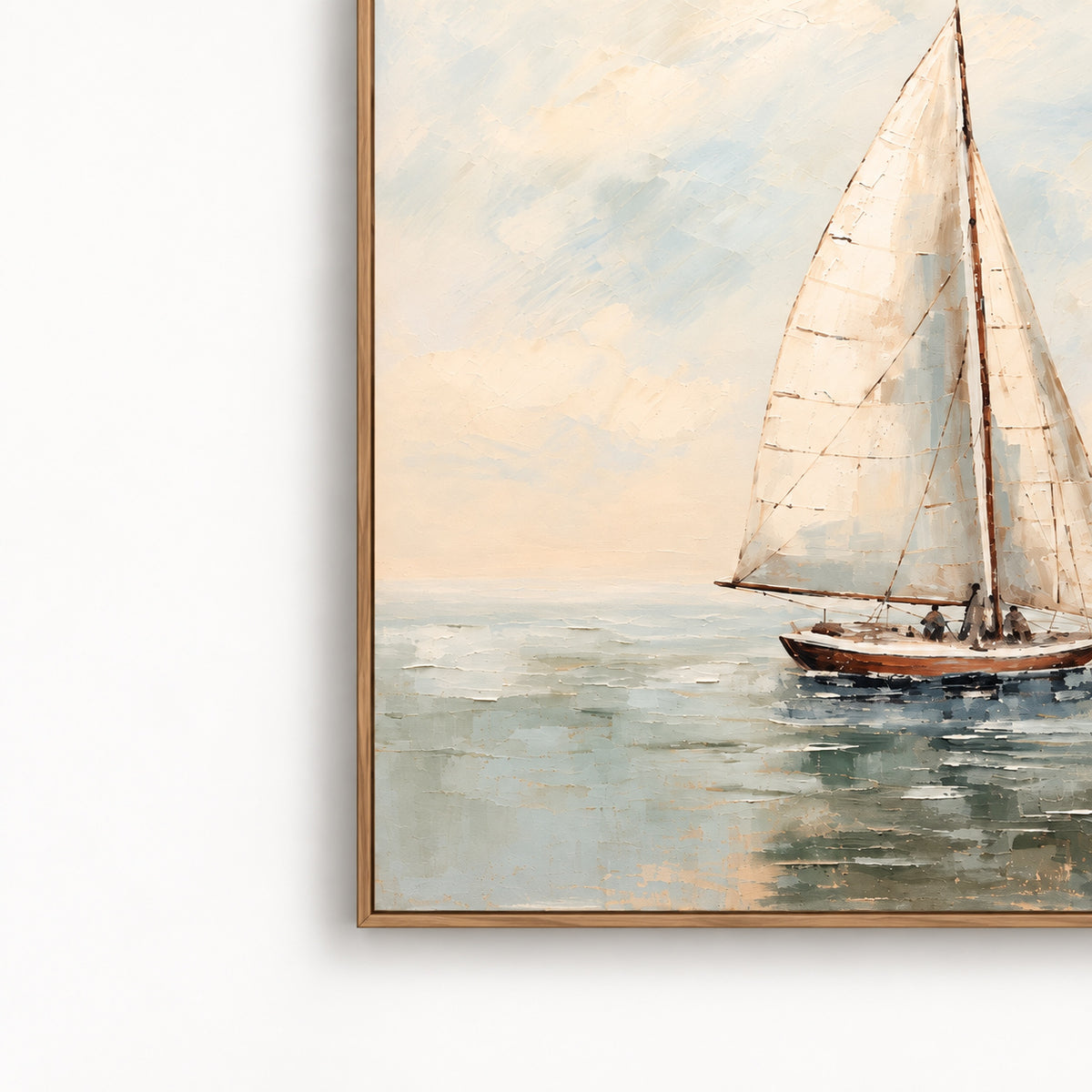 Sea Of Memories - Kia Canvas Artwork by Leather Gallery featuring a white sailboat on calm blue waters with soft neutral skies and a Kia frame.