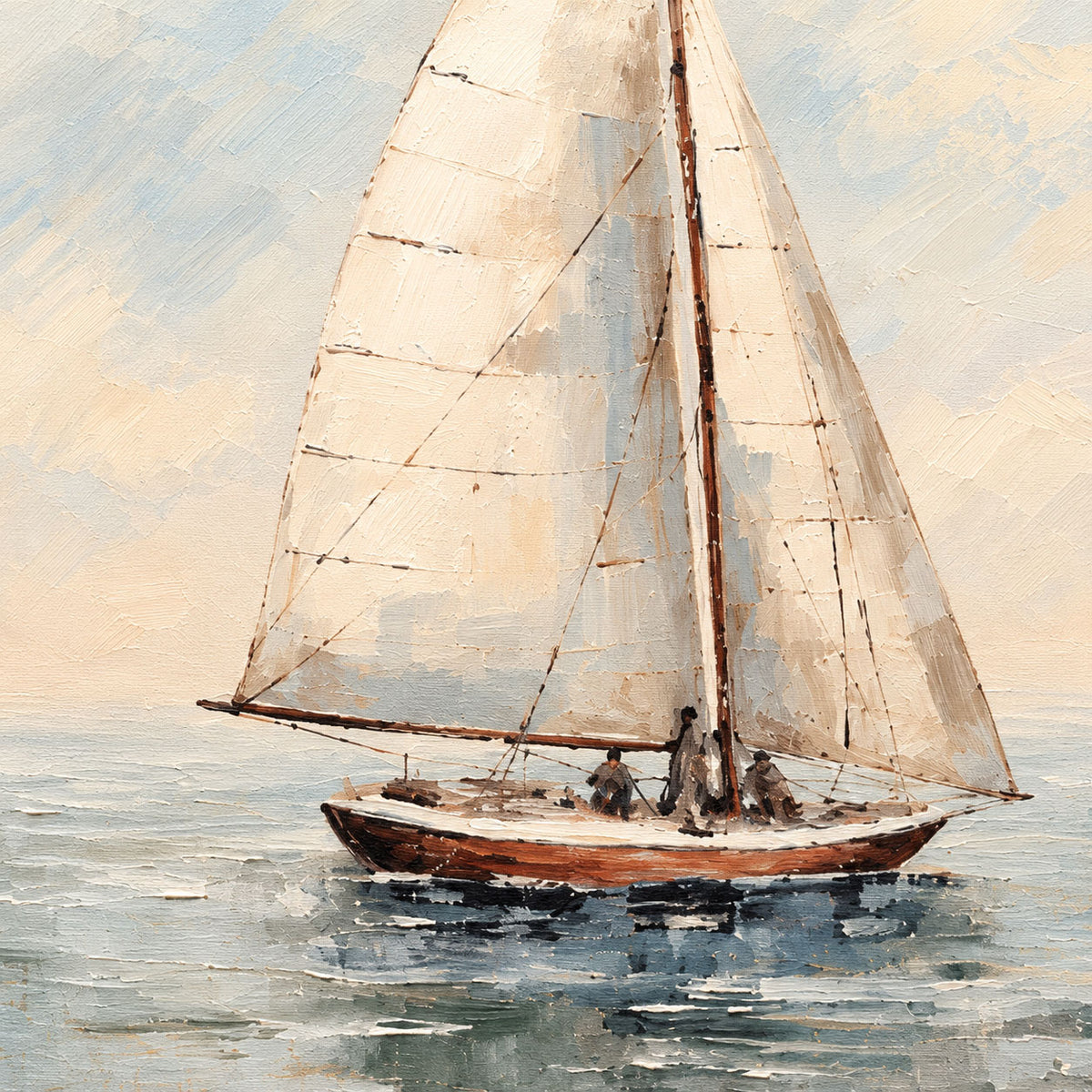 Sea Of Memories - Kia Canvas Artwork by Leather Gallery featuring a white sailboat on calm blue waters with soft neutral skies and a Kia frame.