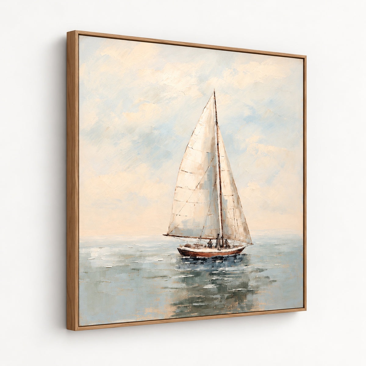 Sea Of Memories - Kia Canvas Artwork by Leather Gallery featuring a white sailboat on calm blue waters with soft neutral skies and a Kia frame.
