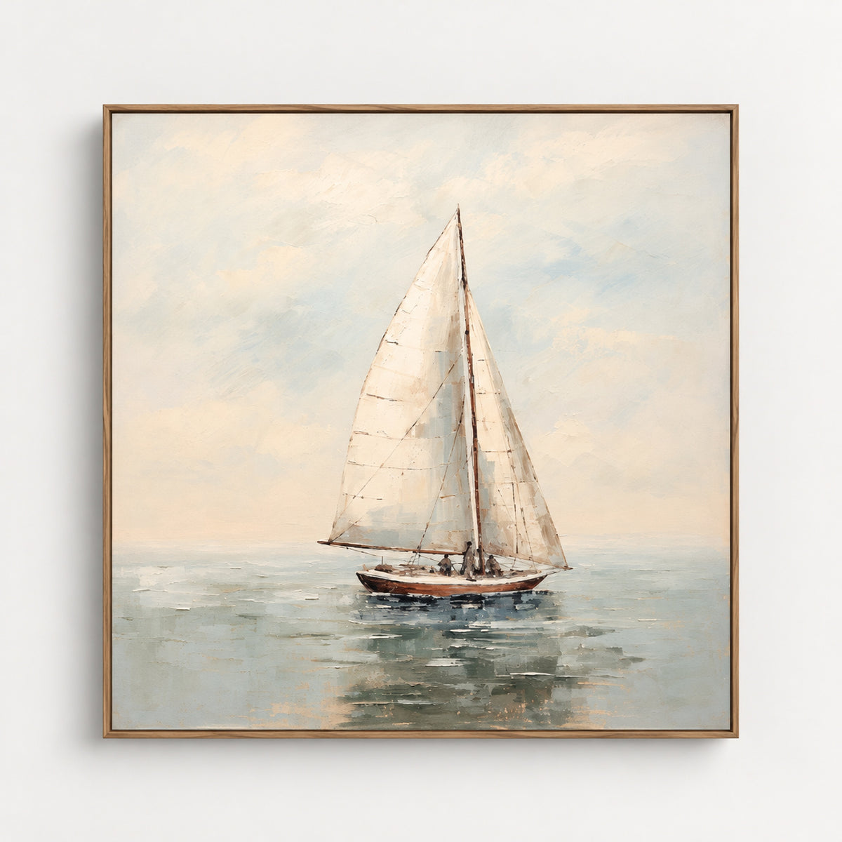 Sea Of Memories - Kia Canvas Artwork by Leather Gallery featuring a white sailboat on calm blue waters with soft neutral skies and a Kia frame.
