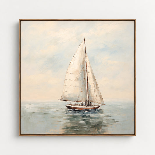 Sea Of Memories - Kia Canvas Artwork by Leather Gallery featuring a white sailboat on calm blue waters with soft neutral skies and a Kia frame.