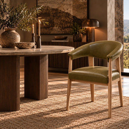Stattera Sage Armchair in Jeep Green, featuring olive leather upholstery, a curved backrest, and light natural wood legs.