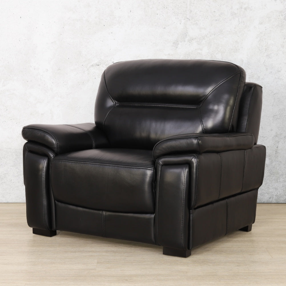 San Lorenze 1 Seater Leather Sofa in Czar Black, wrapped in full genuine top grain leather. 