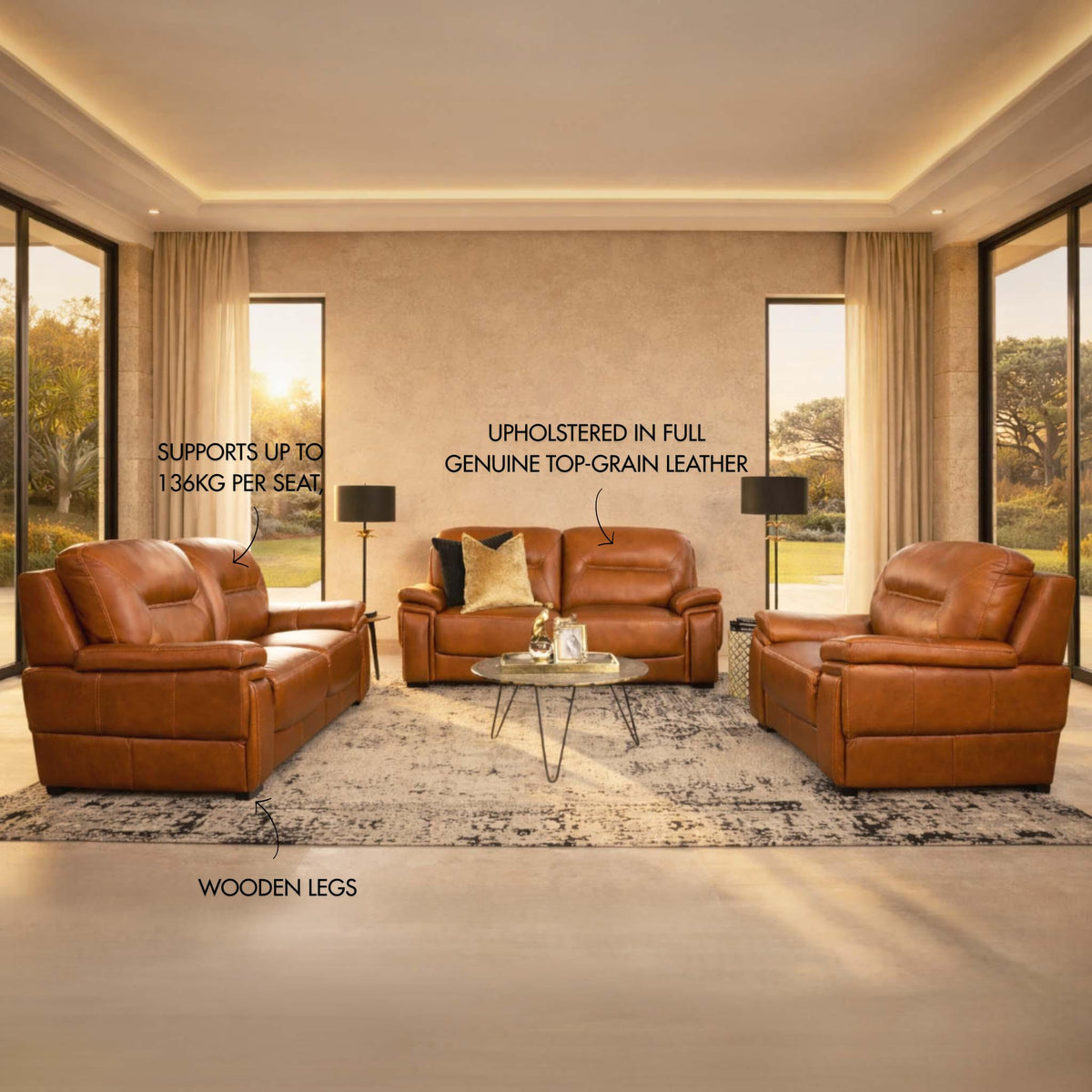 San Lorenze Leather Lounge Suite - Czar Pecan | Leather couches, leather lounge suite, brown leather couch, couches for sale, genuine leather sofas