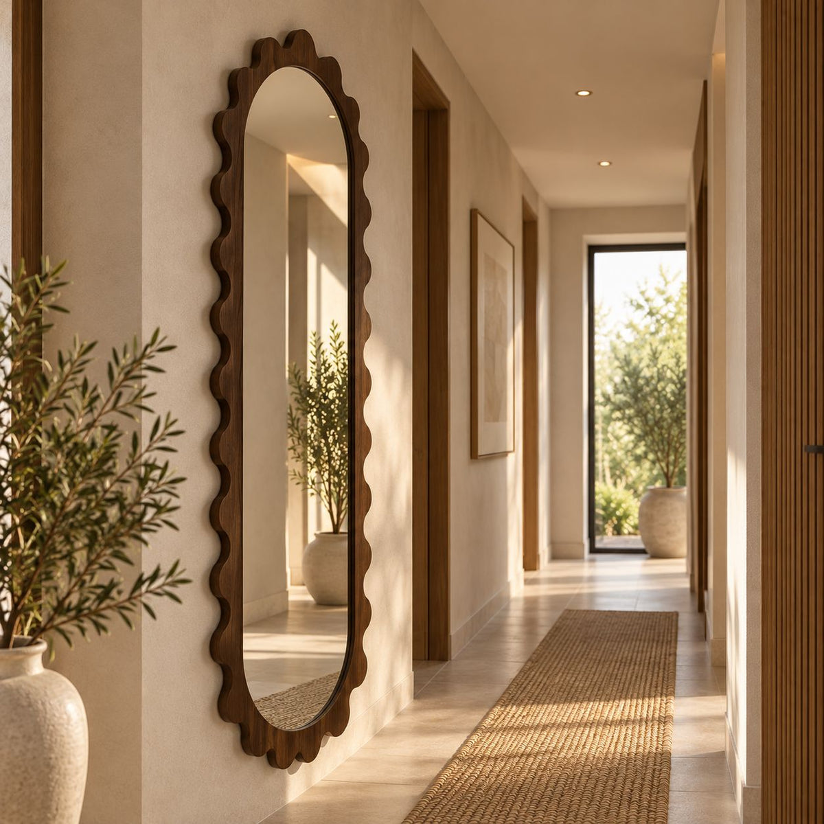 Leather Gallery Morgana Wall Mirror in Brown, featuring an elongated scalloped frame with an antique-glaze finish.