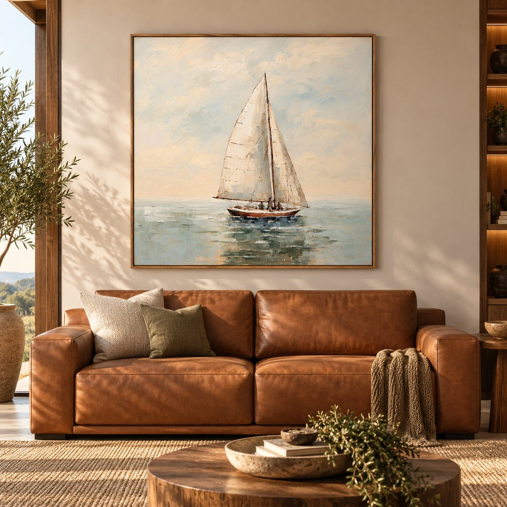 Sea Of Memories - Kia Canvas Artwork by Leather Gallery featuring a white sailboat on calm blue waters with soft neutral skies and a Kia frame.