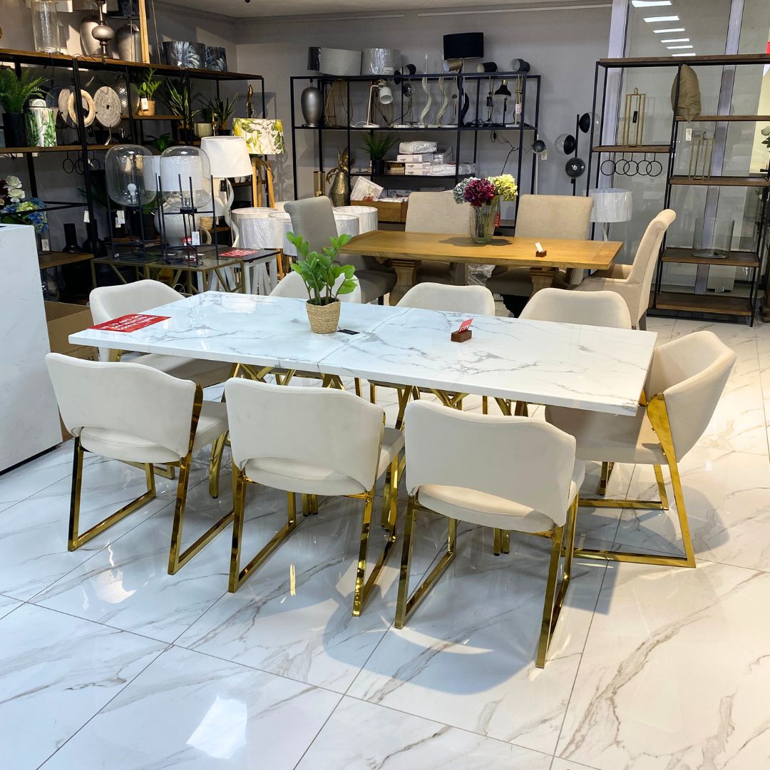 Sierra Marble Look & Cleopatra 8 Seater Dining Set - Warehouse Clearance