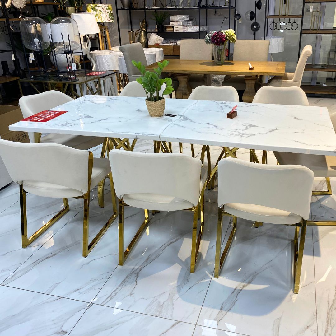 Sierra Marble Look & Cleopatra 8 Seater Dining Set - Warehouse Clearance