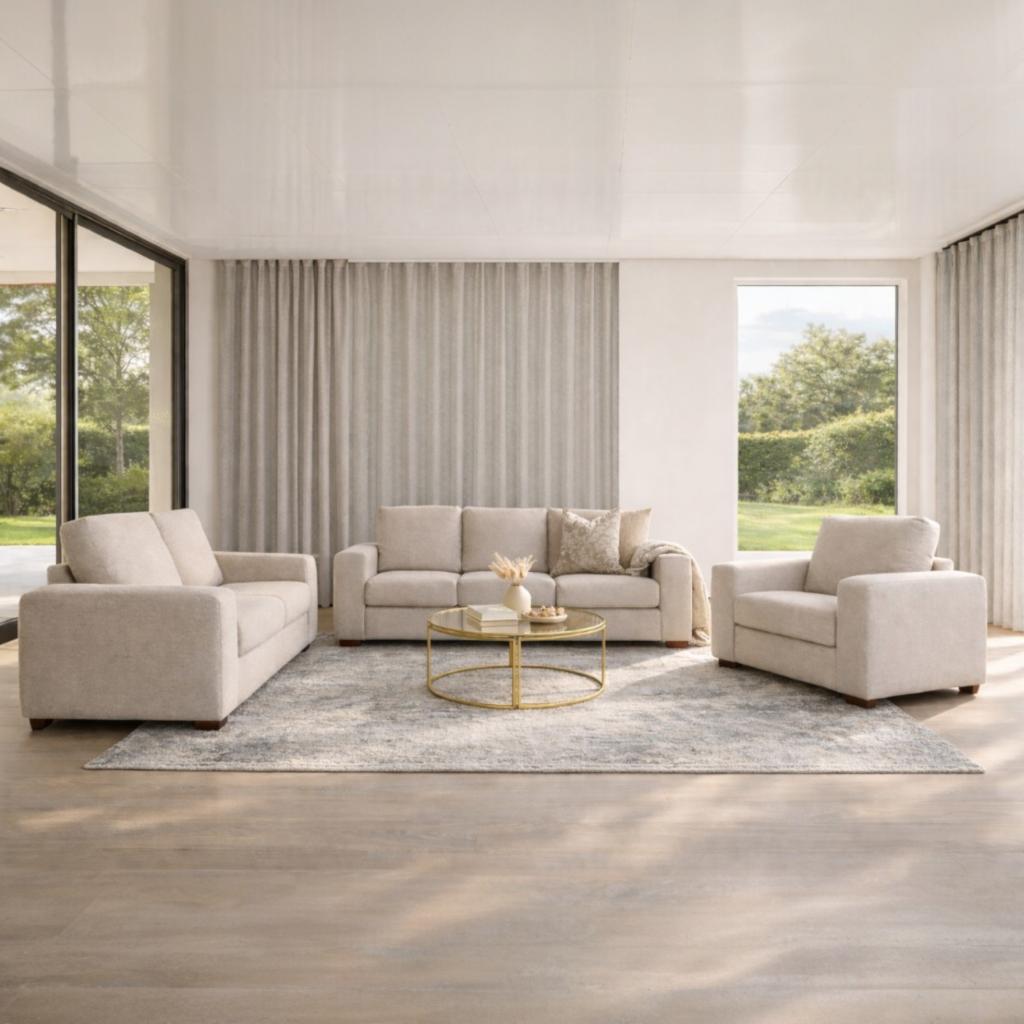 Stanford fabric 3-piece lounge suite in a Pebble colour, shown is a coastal style living room. | lounge suite, fabric couches,  couches for sale, beige couch