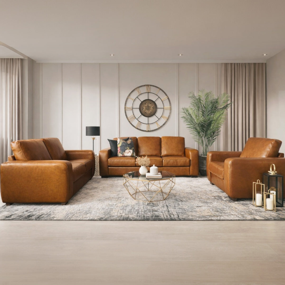 Stanford three-seater couch in tan top-grain genuine leather. Featuring a modern boxy silhouette, this brown leather couch includes full high-density foam seats and wooden legs. Czar Pecan 