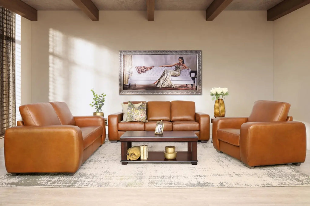 Experience comfort and style with the Stanford 3+2+1 Leather Sofa Suite – Available in Czar Pecan.