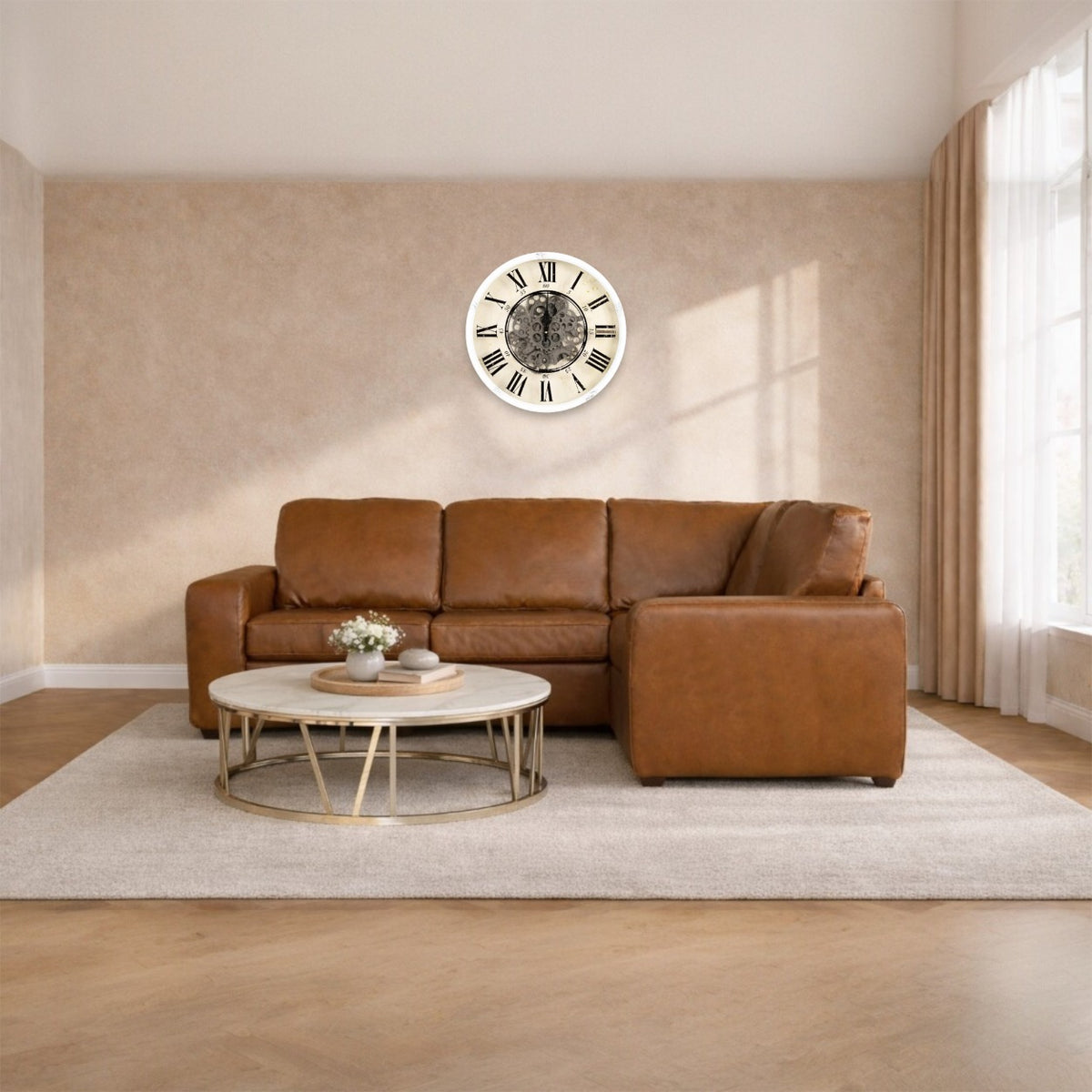 Leather Gallery Stanford 4 Seater Leather L Shape Couch - RHF in Czar Pecan, featuring warm brown leather upholstery and a right-facing sectional design.