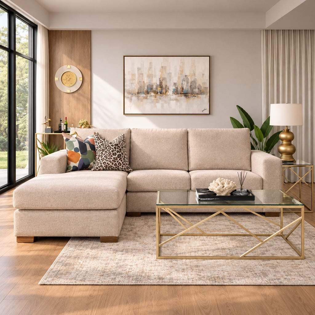 Stanford Fabric L Shaped Couch, left hand facing - Kenya Sand | L shape couches for sale, fabric l shaped couch, corner couch, beige couch, bedroom couch, sofas and couches 