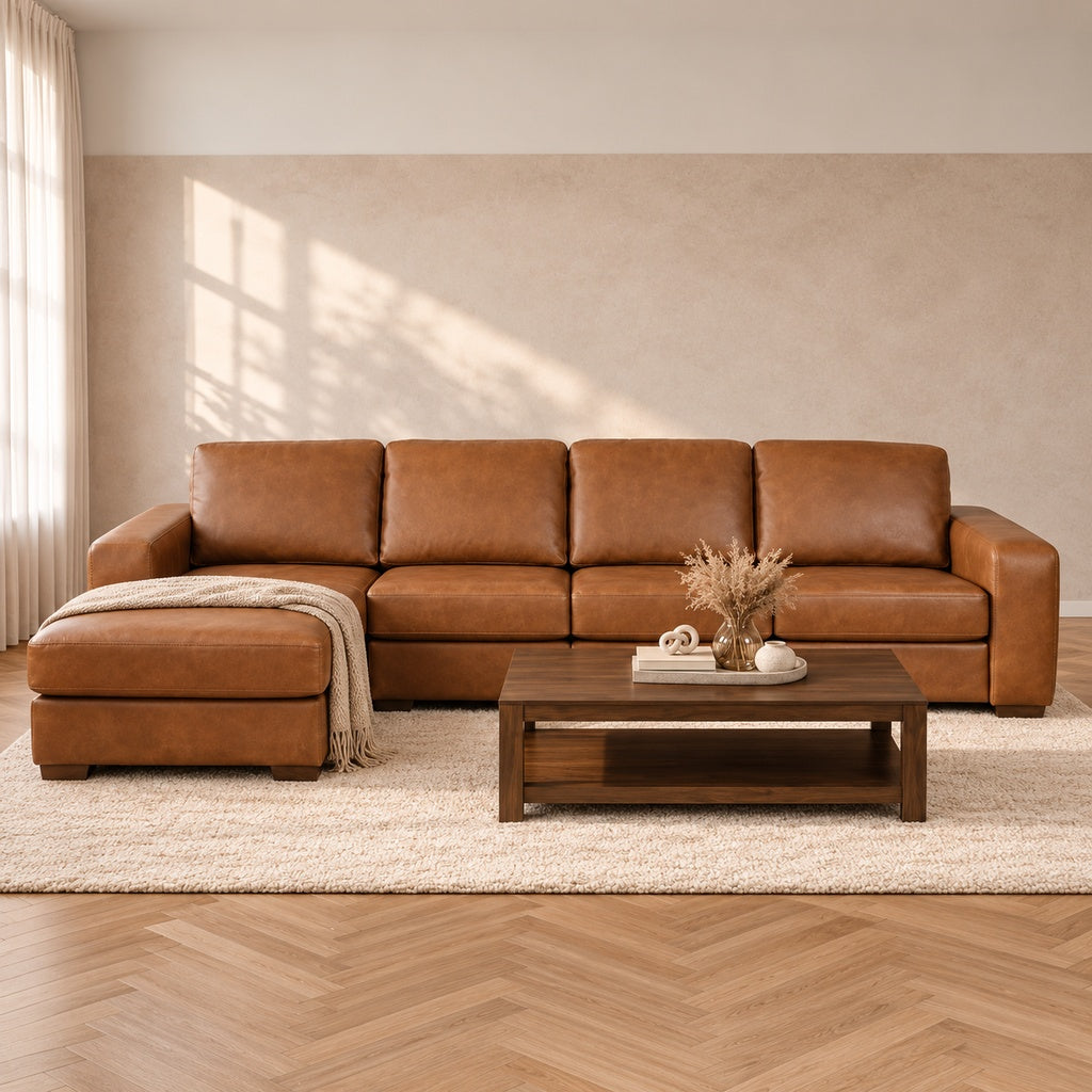 Stanford L shape couch in Czar Pecan in a chic, minimalist lounge space. |  L shape couch, brown leather couch, leather l shape couch, l shape couch for sale, modular couch 