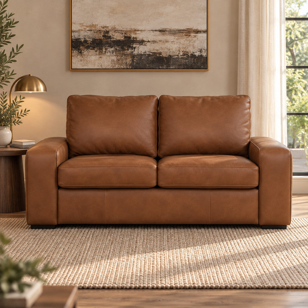 Stanford leather sleeper couch in rich brown leather, offering both a stylish seating option and a comfortable sleeping space. Sleeper Couch is available from Leather Gallery. Car pecan