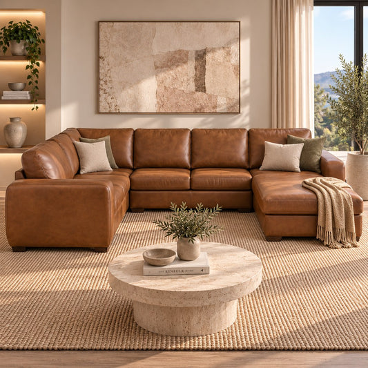 Stanford Leather U-Sofa Chaise - RHF Leather Sectional Leather Gallery Czar Pecan
