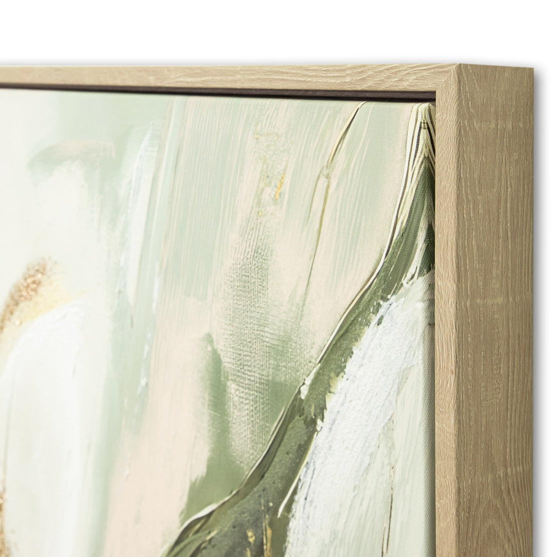 Side profile corner of The Midas Bloom wall décor showing the light wood floating frame and thick impasto paint texture on the canvas edge.