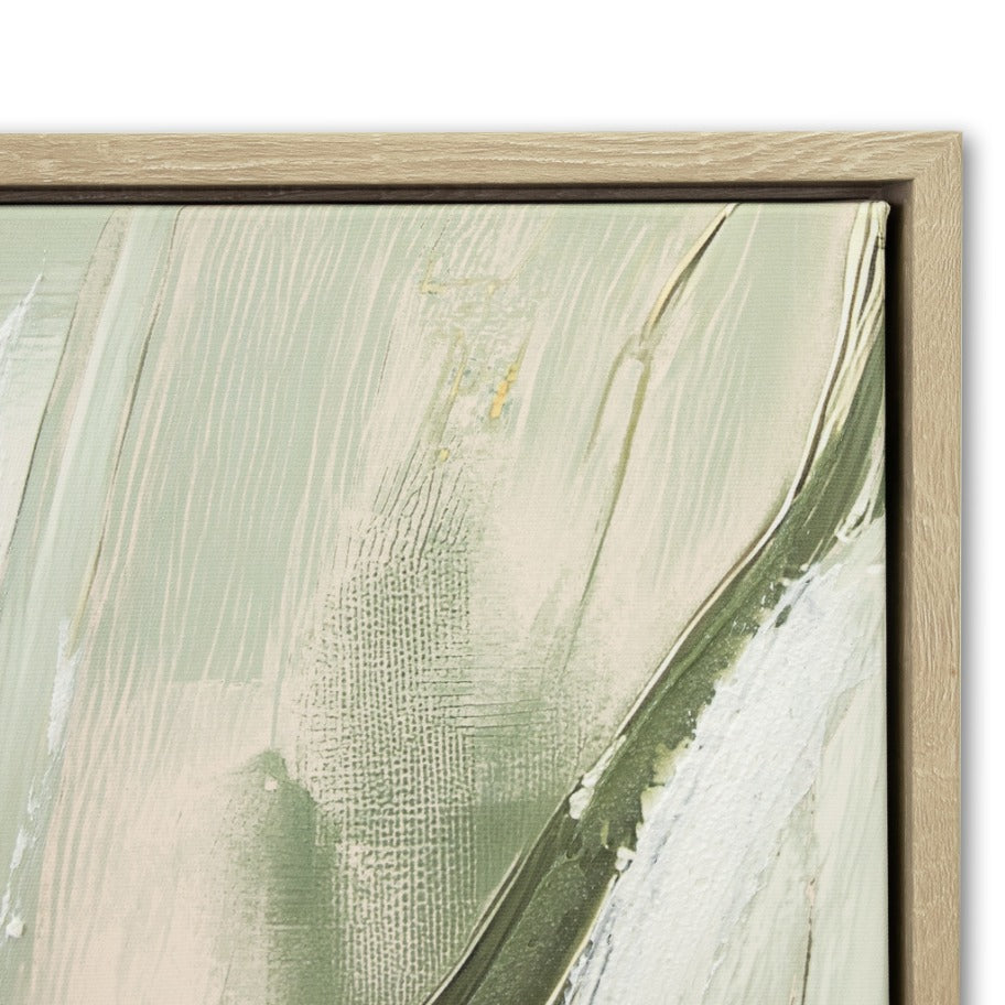 Close-up top corner of The Midas Bloom wall art south africa, showing the light sage paint, canvas weave texture, and light wood frame detail. 