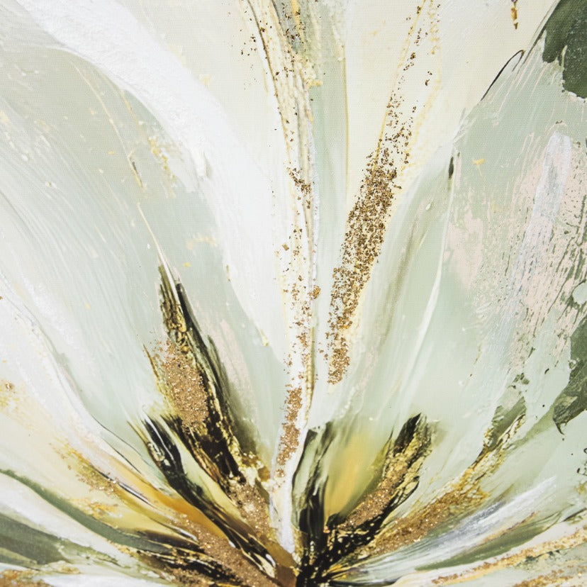 Extreme close-up of the flower center, highlighting textured gold glitter accents on the soft sage and white petals. Elegant bedroom wall art.