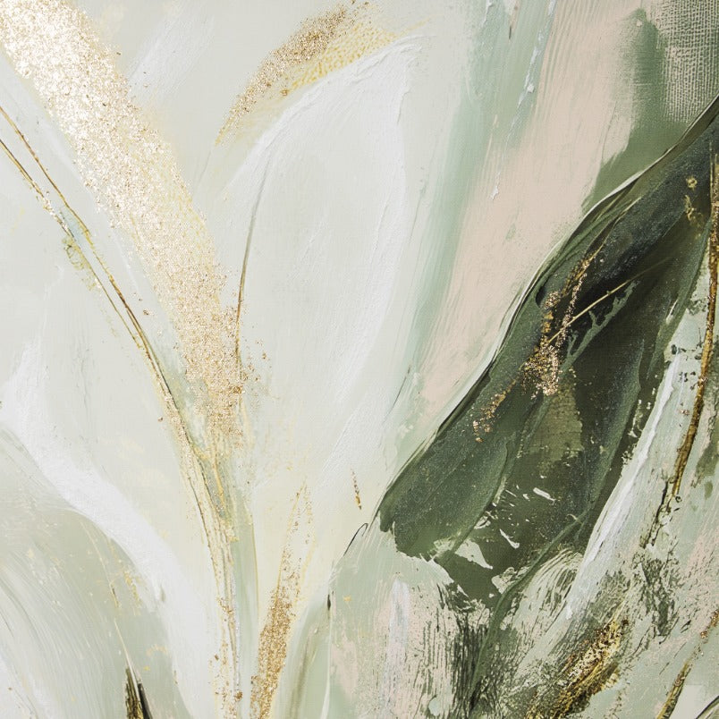 Detailed section of The Midas Bloom abstract flower with dark green brushstrokes, pale pink accents, and shimmering gold metallic texture. Modern wall art and wall décor for living rooms, bedrooms and gifting. 