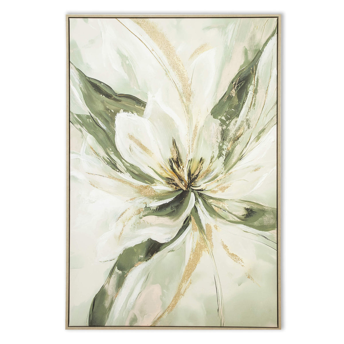 Leather Gallery The Midas Bloom Framed Artwork, featuring a green and white floral design on a light background.