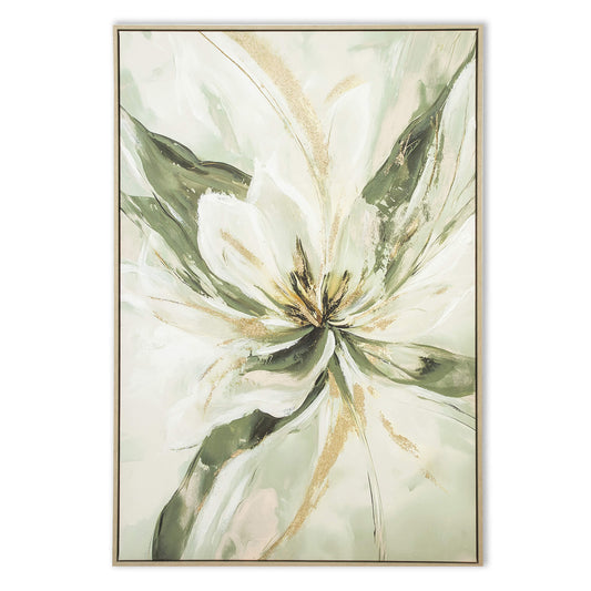 Leather Gallery The Midas Bloom Framed Artwork, featuring a green and white floral design on a light background.