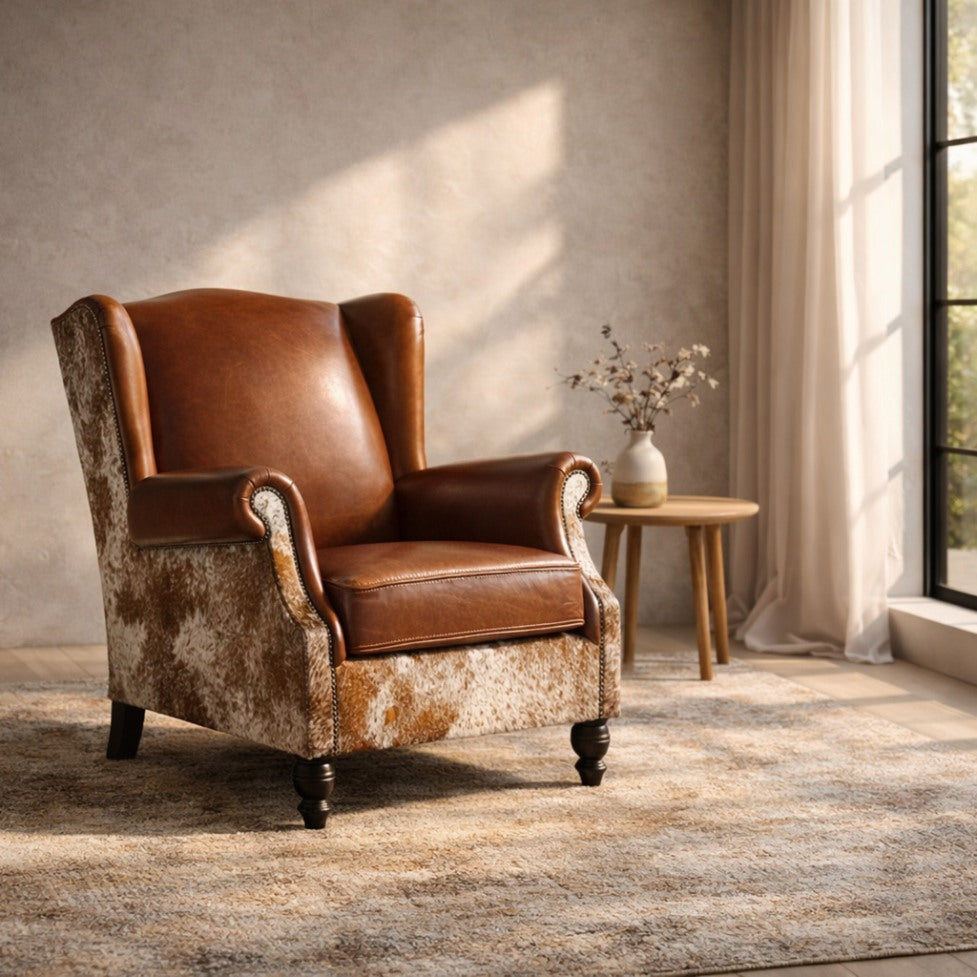 Torin Wingback Nguni Leather Occasional Chair – Angled View – Luxurious Tri-Colour Royal Walnut Leather and Nguni Fabric Accent | Leather Gallery