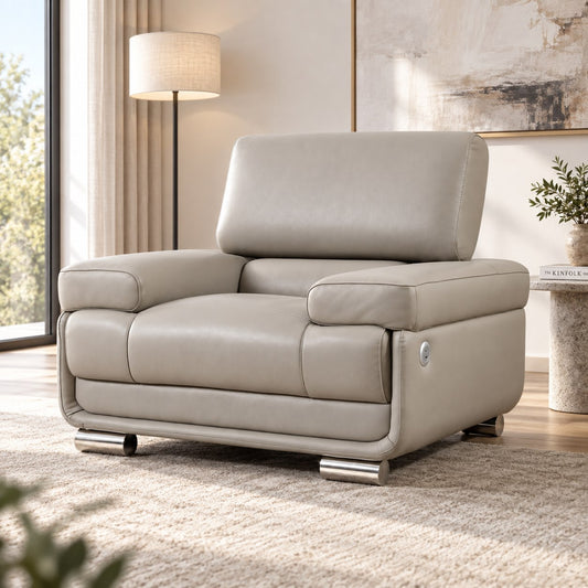 Leather Gallery Tobago 1 Seater Leather Couch in Grey, featuring polished chrome legs and a modern low-profile design.