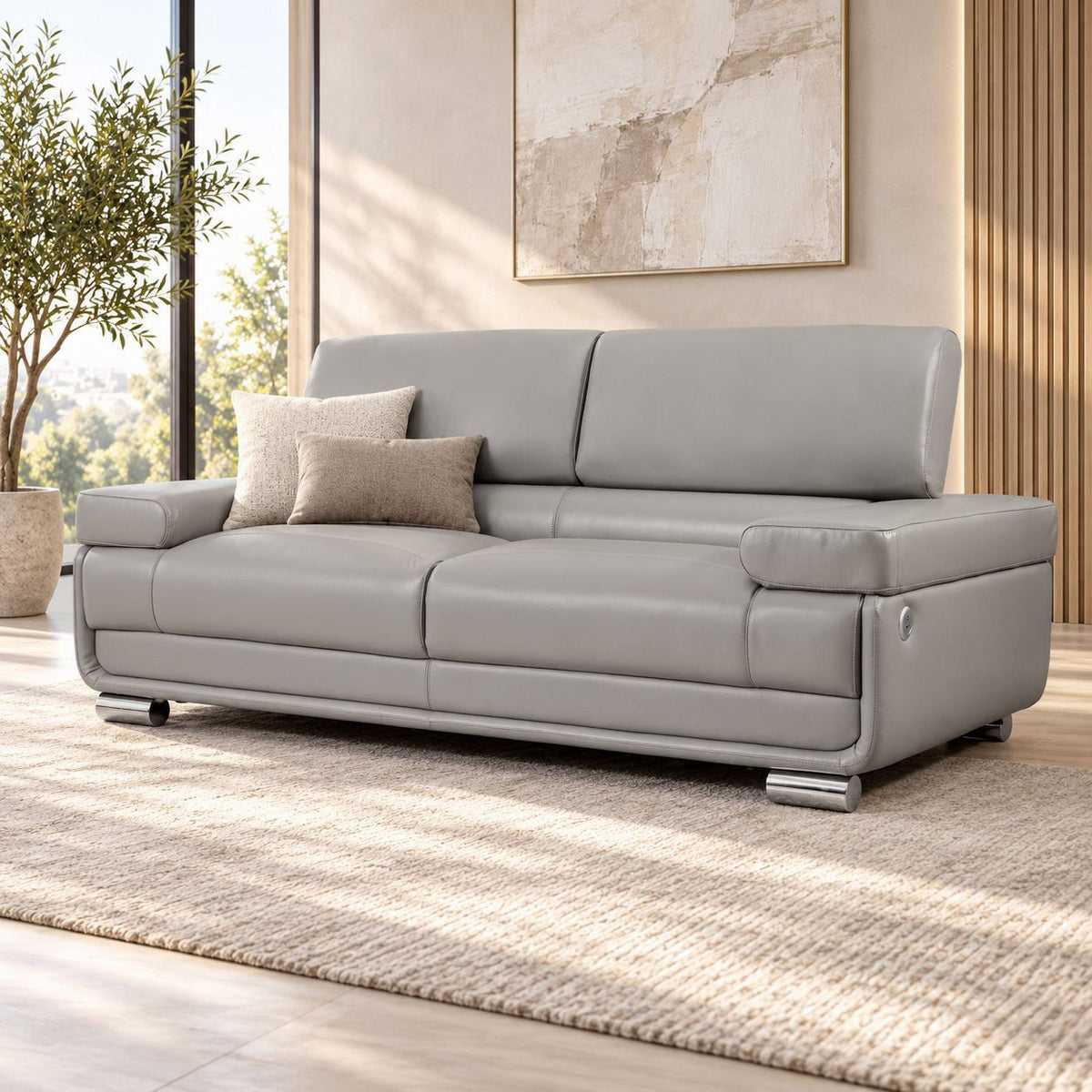 Leather Gallery Tobago 3 Seater Leather Couch in Grey, featuring light grey leather upholstery with matching cushions in a modern living room.